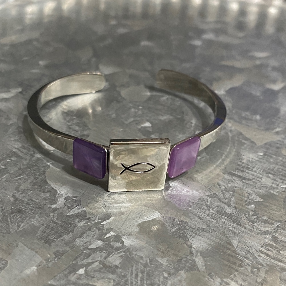 Silver Cuff Bracelet with Purple Stone Accents and Fish Motif